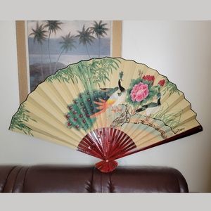 Vintage Painting Folding Fan "Flower, Bamboo, & Peacock" Large Antique Wall Art